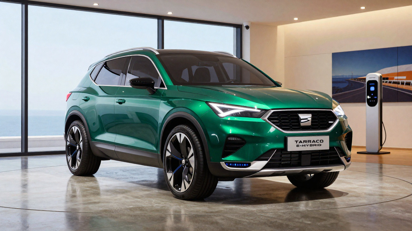 Grünes Seat Tarraco E-Hybrid SUV in modernem Showroom neben Ladestation vor großen Fenstern mit Meerblick.