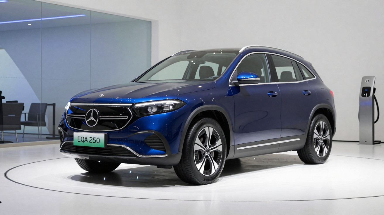 Blauer Mercedes-Benz EQA 250 Elektro-SUV auf Präsentationsfläche mit Ladestation im Hintergrund.