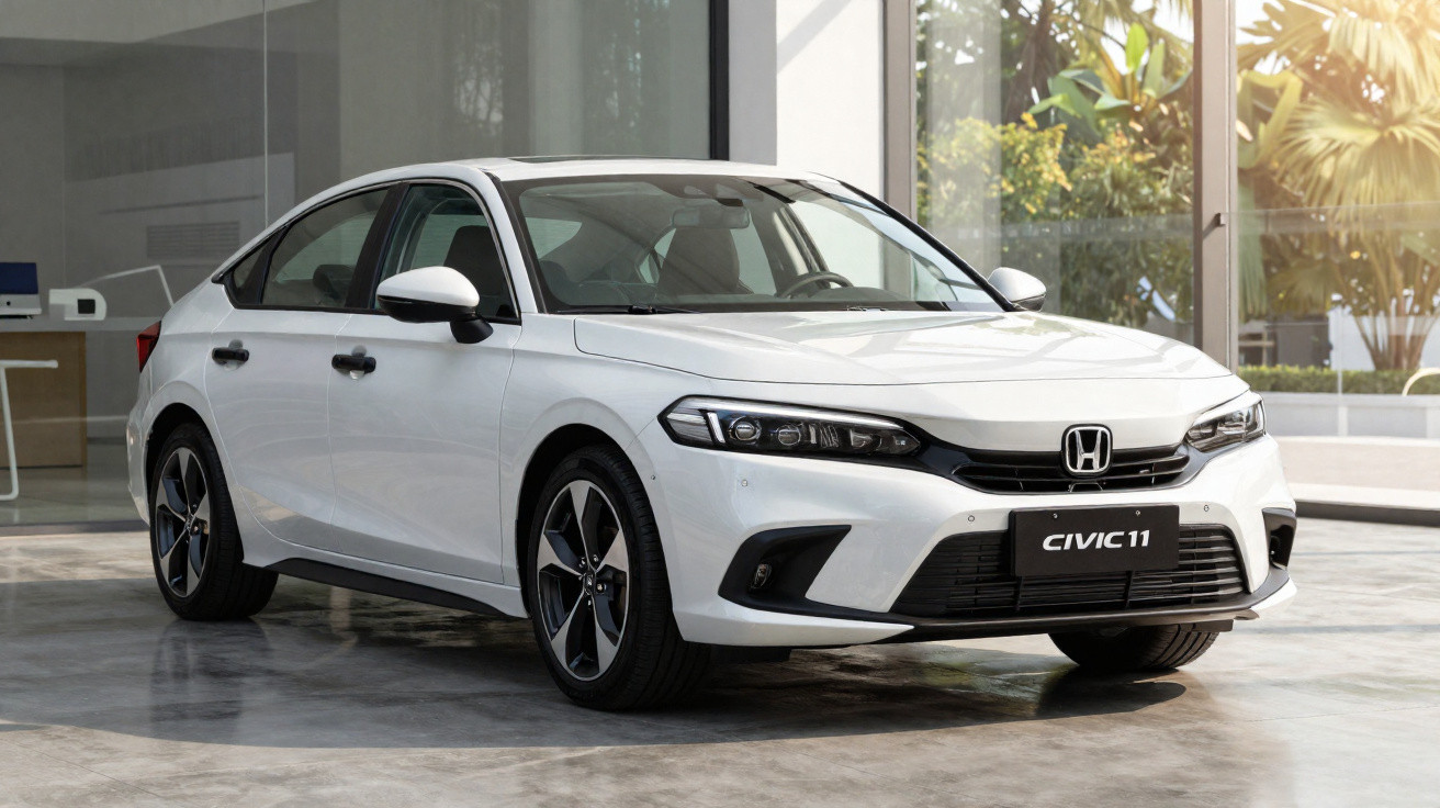 Weißer Honda Civic 11 in moderner Ausstellung mit großem Fenster und natürlichem Licht.