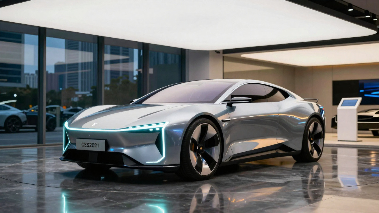 Silberner, futuristischer Sportwagen mit LED-Scheinwerfern in modernem Ausstellungsraum.
