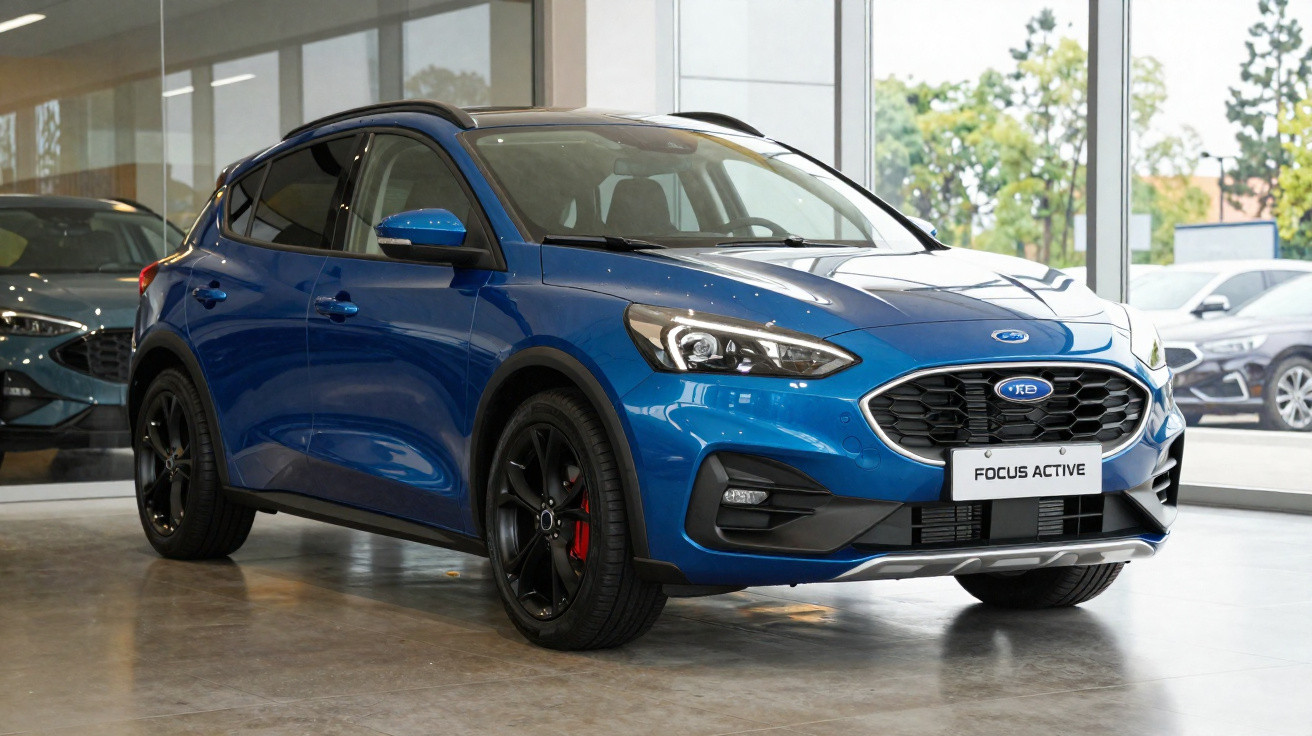 Blauer Ford Focus Active SUV in einem Autohaus vor großen Fenstern stehend.