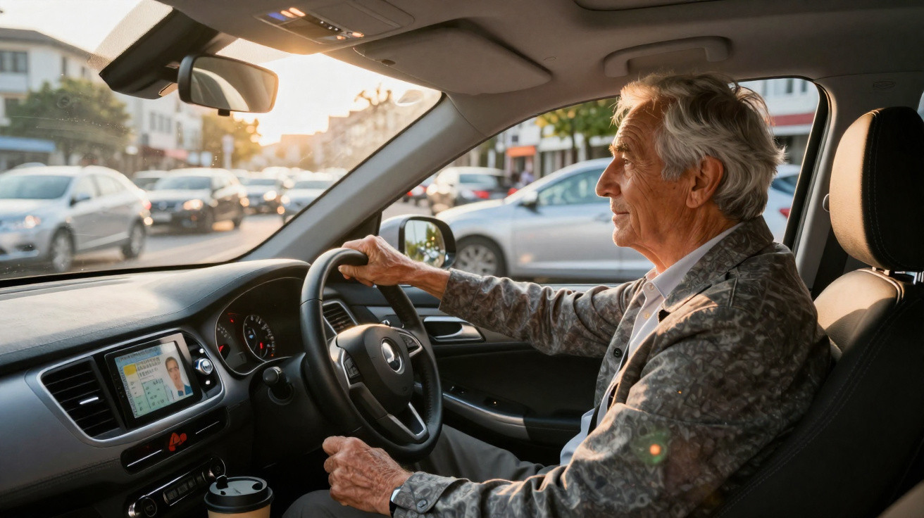 Älterer Mann fährt konzentriert Auto im Stadtverkehr bei Sonnenuntergang.