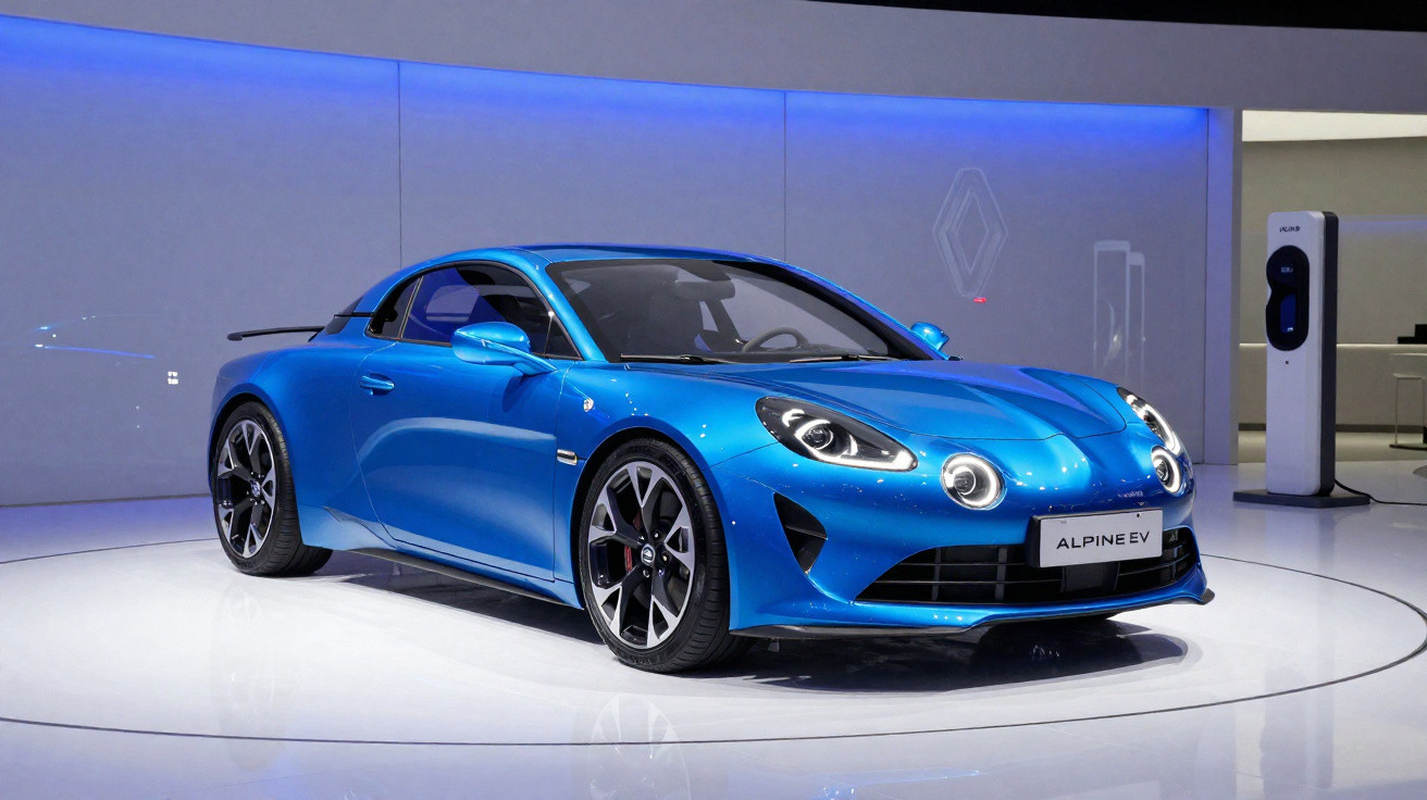 Blauer Alpine EV Sportwagen in futuristischer Ausstellungshalle mit Ladestation im Hintergrund.