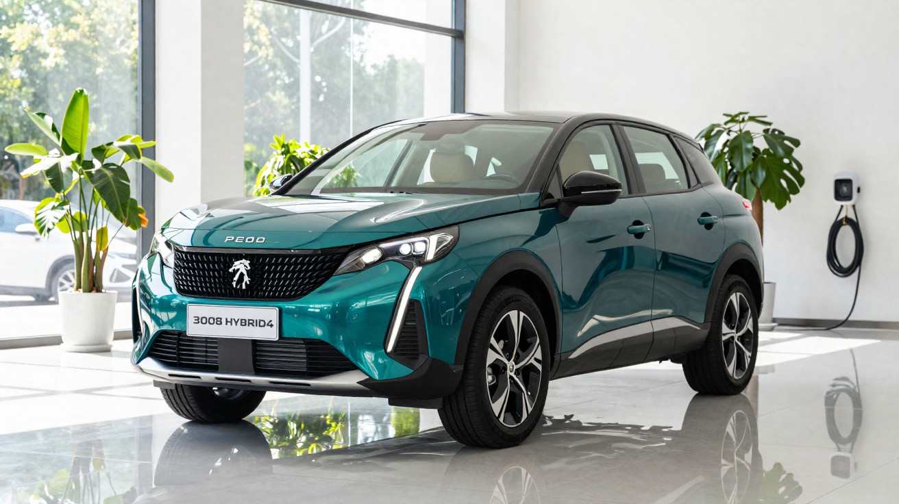 Blauer Peugeot 3008 Hybrid4 SUV in hellem Raum mit Pflanzen und Ladestation an der Wand.