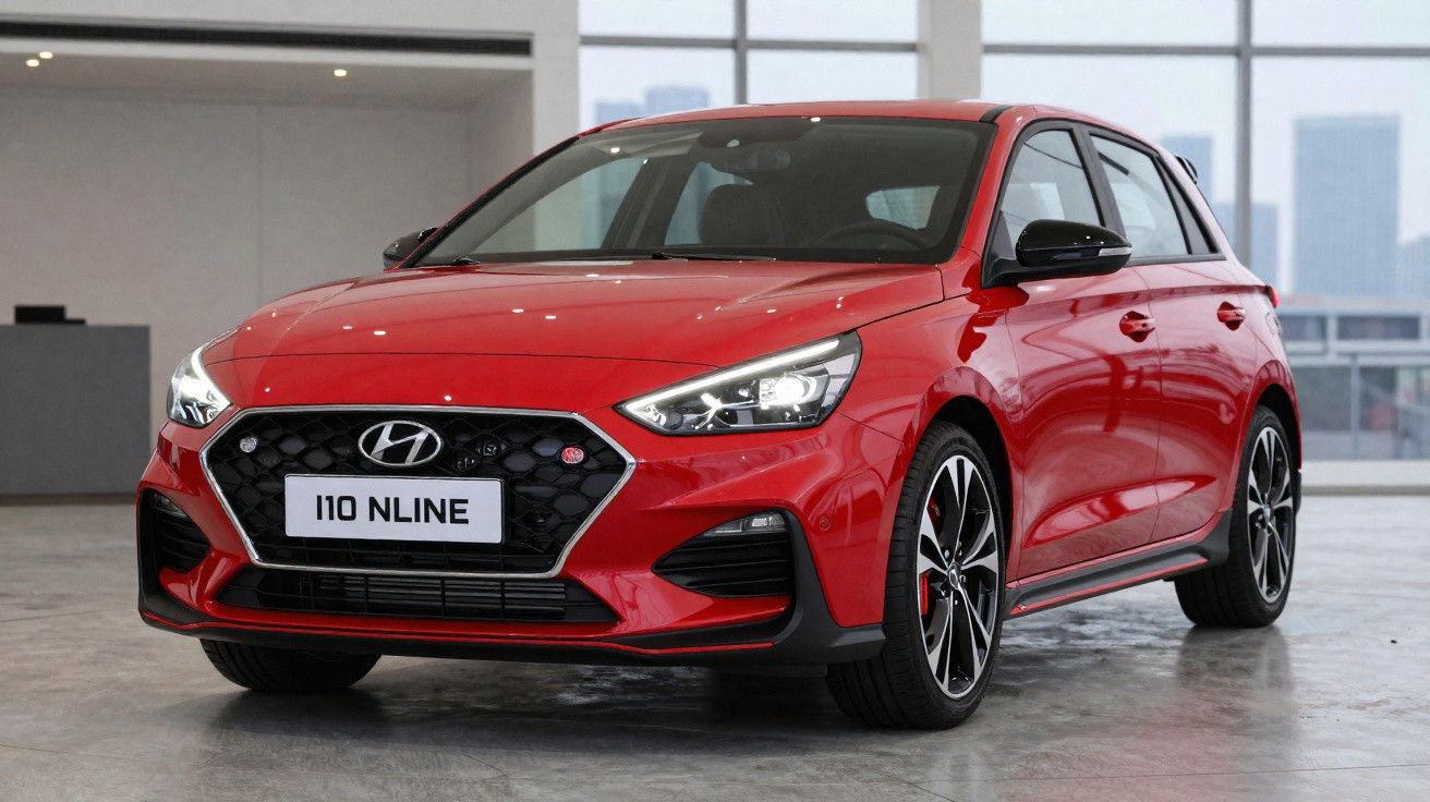 Roter Hyundai i10 N Line Kompaktwagen mit schwarzem Kühlergrill und modernen LED-Scheinwerfern in Innenraum.