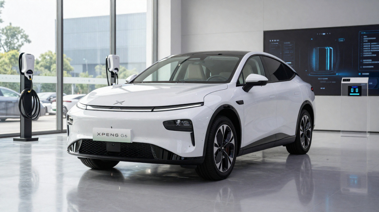 Weißes Elektroauto XPeng G6 in Ausstellungsraum mit Ladestationen und digitalem Display im Hintergrund.