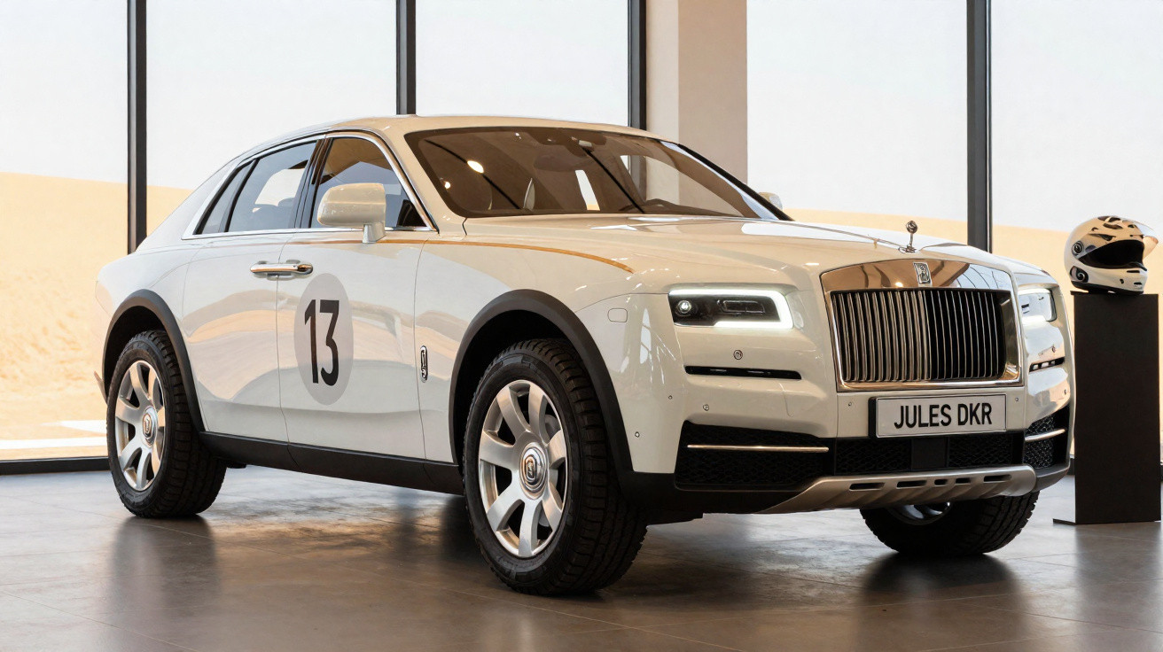 Weißer Rolls-Royce SUV mit der Nummer 13 auf der Tür in einem modernen Showroom vor großen Fenstern.