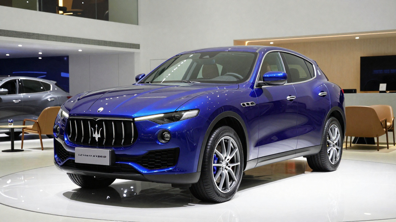 Blauer Maserati Levante Hybrid SUV in Ausstellungshalle auf weißem Podest, moderne Möbel im Hintergrund.