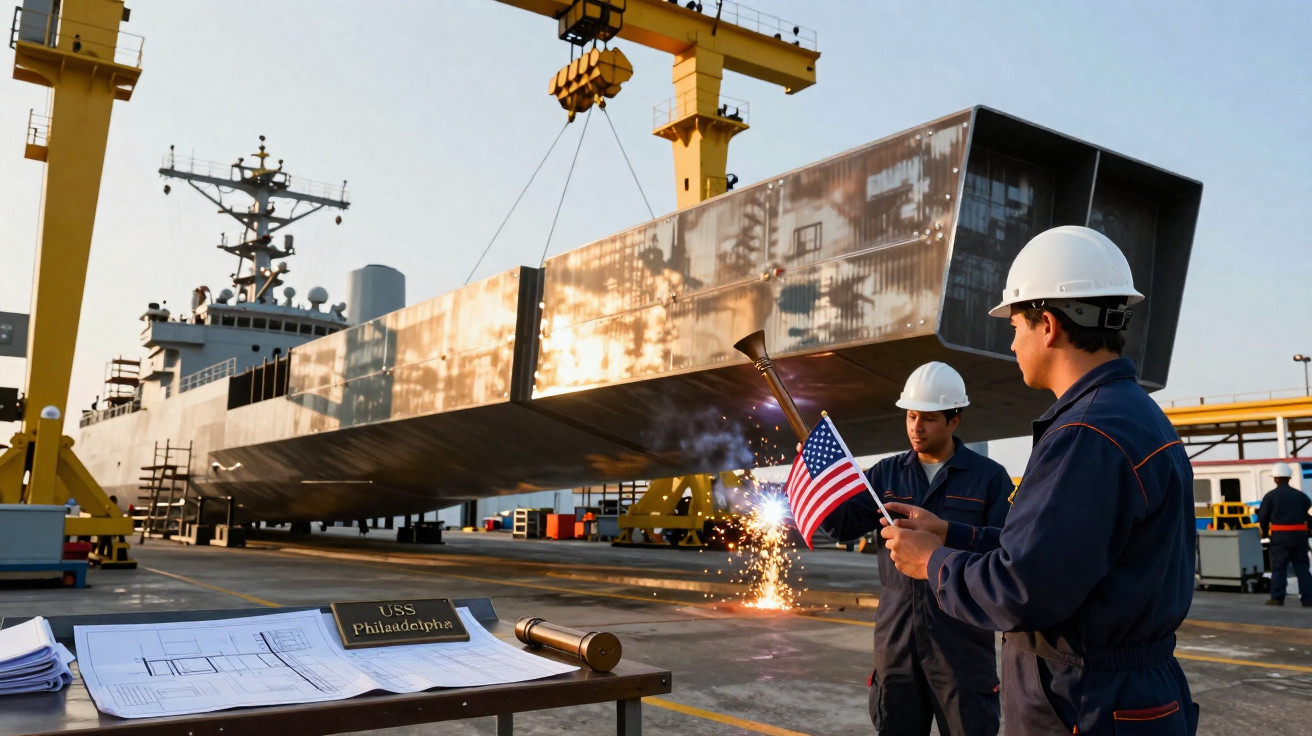 Zwei Arbeiter mit Schutzhelmen und USA-Flagge vor großem Schiffsrumpf im Dock mit Hebekran.