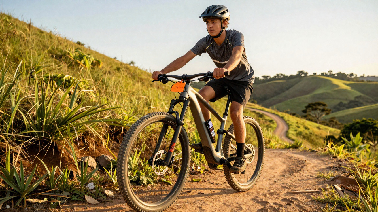 Junger Mann mit Helm fährt Mountainbike auf sonnigem, bergigem Waldweg.