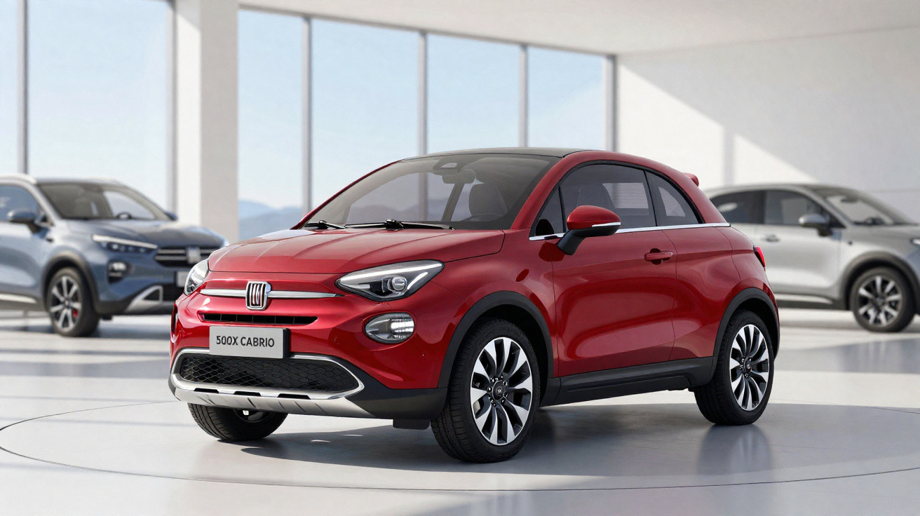 Rotes Fiat 500X Cabrio in modernem Showroom, zwei weitere Autos im Hintergrund sichtbar.