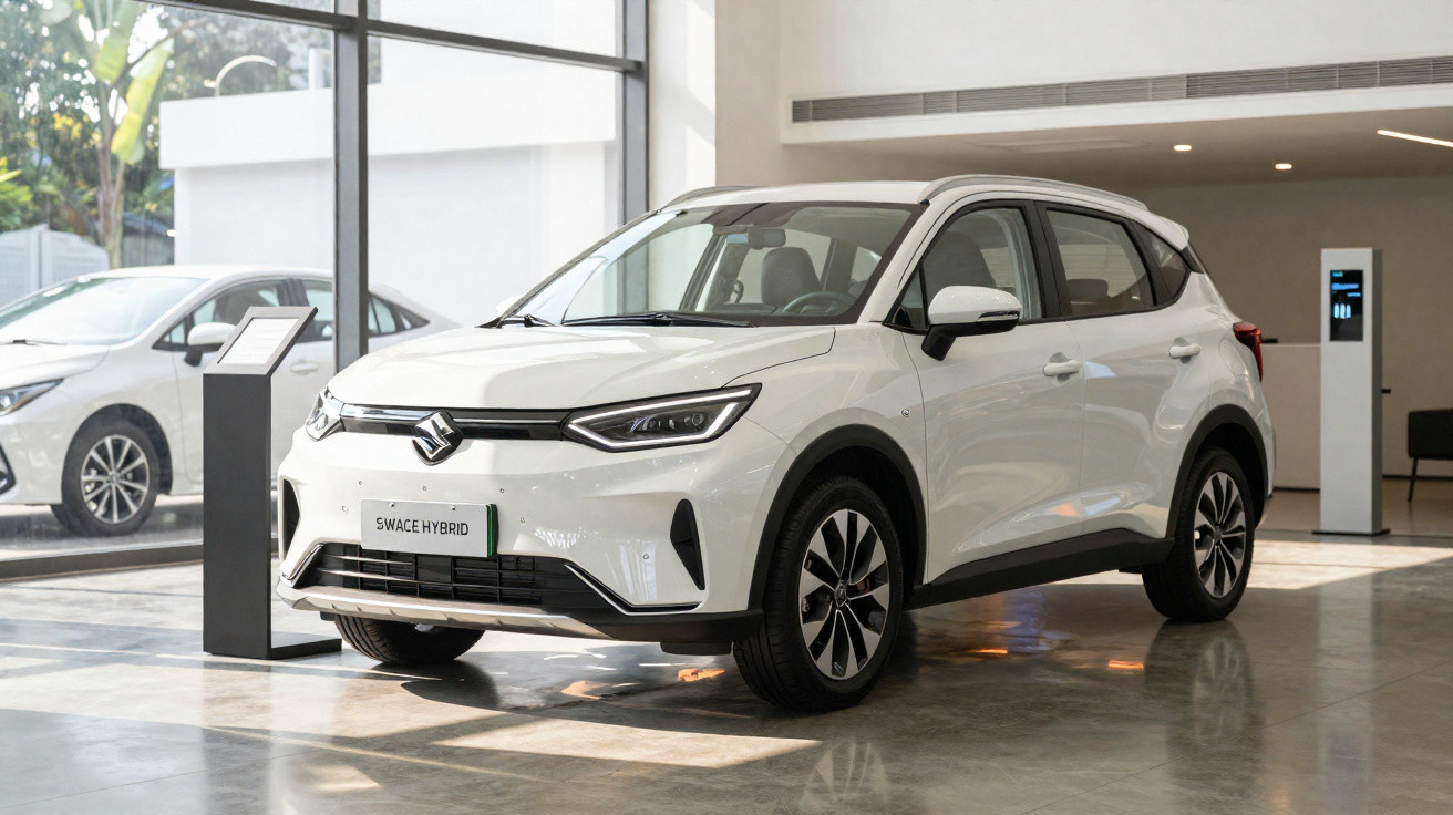 Weißer Suzuki Swace Hybrid SUV in einem modernen Autohaus mit großen Fenstern.