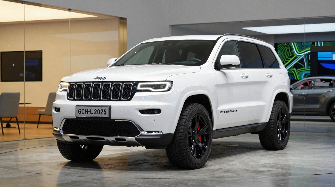 Weißer Jeep SUV mit schwarzer Felgen in moderner Ausstellungshalle auf Glattboden.