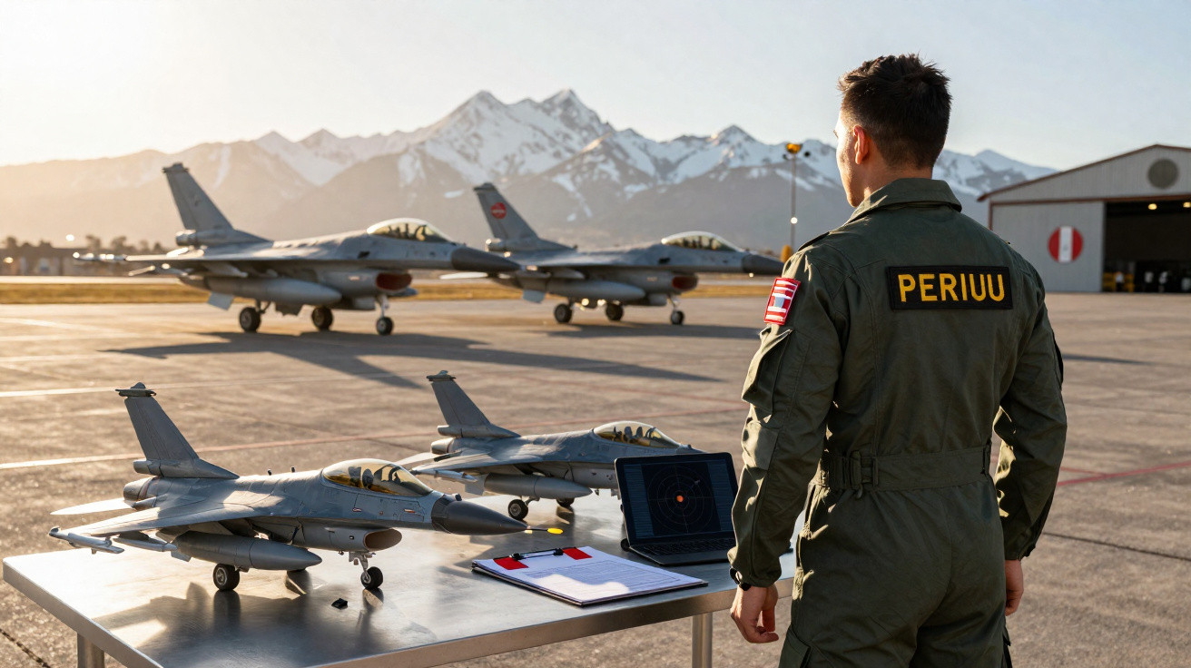 Ein Pilot in Uniform steht auf Rollfeld mit Modelljets, Laptop und Bergen im Hintergrund bei Sonnenuntergang.