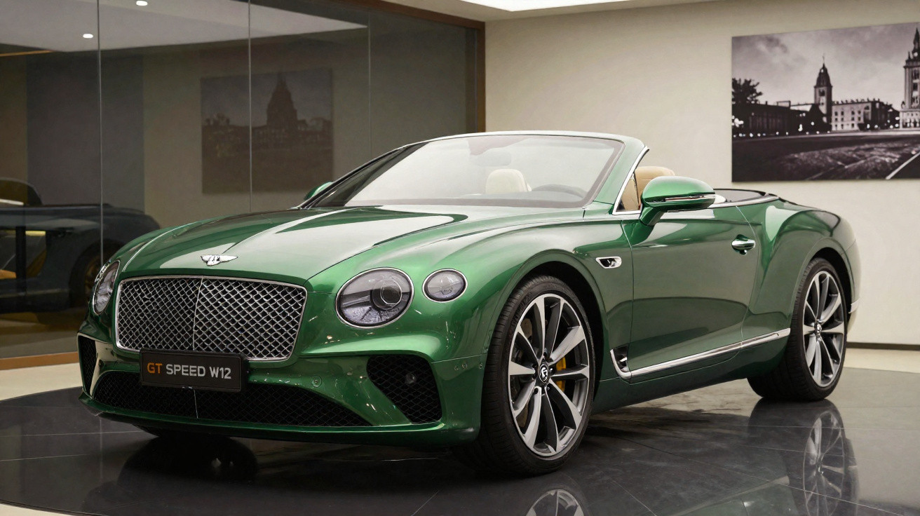 Grünes Bentley GT Speed W12 Cabrio in einem modernen Ausstellungsraum mit Reflexion auf dem Boden.