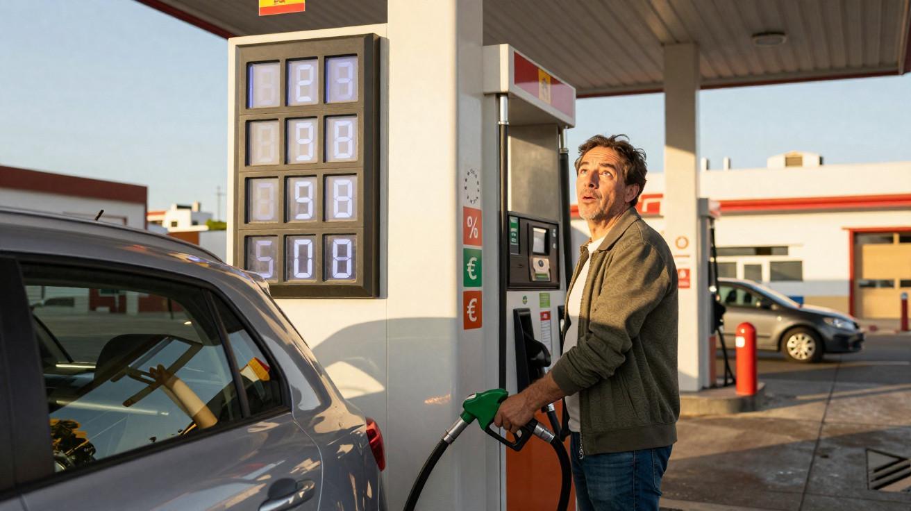 Mann betankt Auto an Tankstelle bei Sonnenuntergang, Preistafel mit Benzinpreisen im Hintergrund.