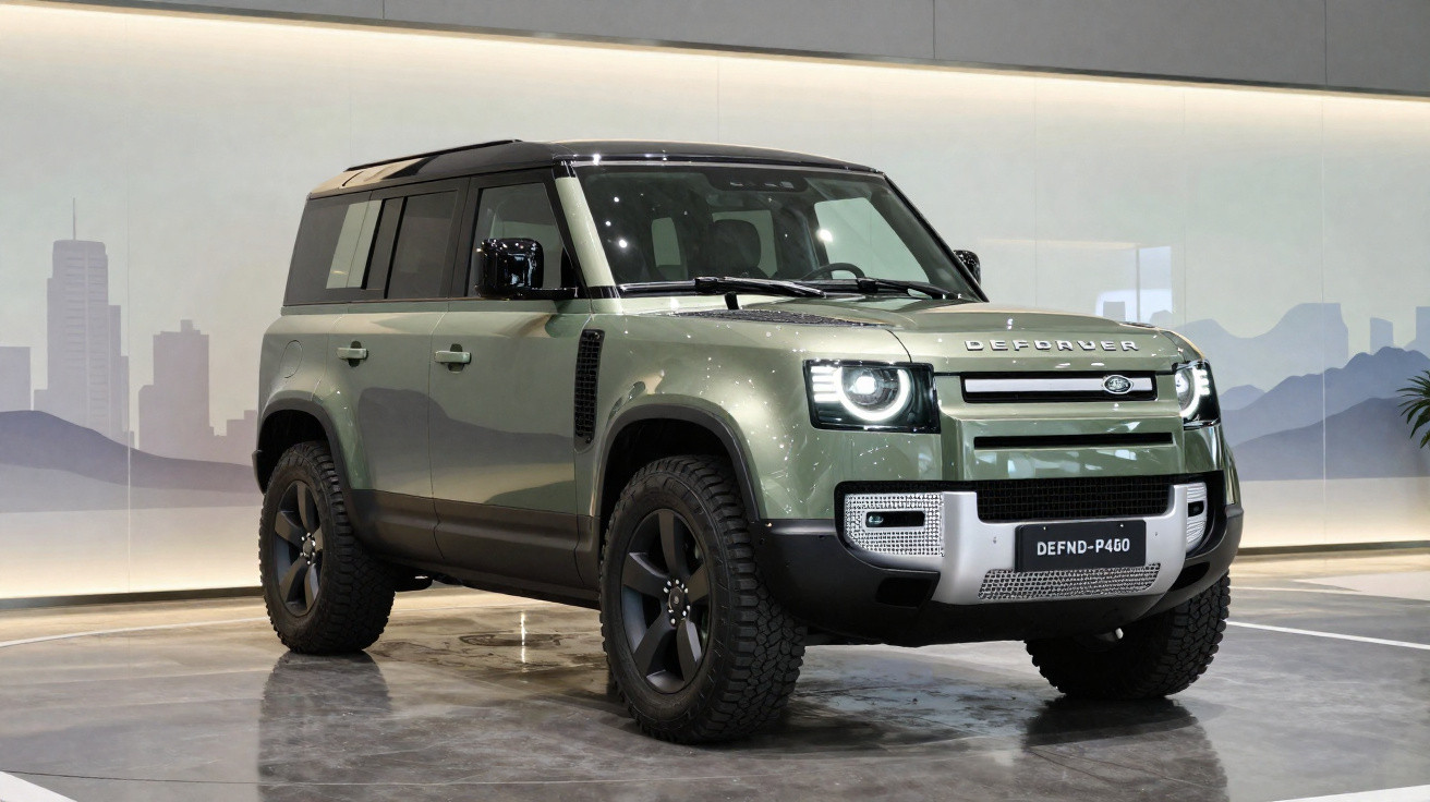 Grüner Land Rover Defender P400 mit schwarzem Dach in moderner Ausstellungshalle, Frontansicht.