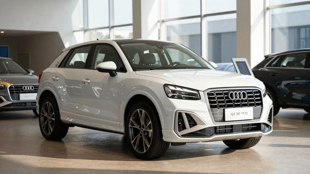 Weißer Audi Q2 30 TFSI SUV im Autohaus vor großen Fenstern stehend.