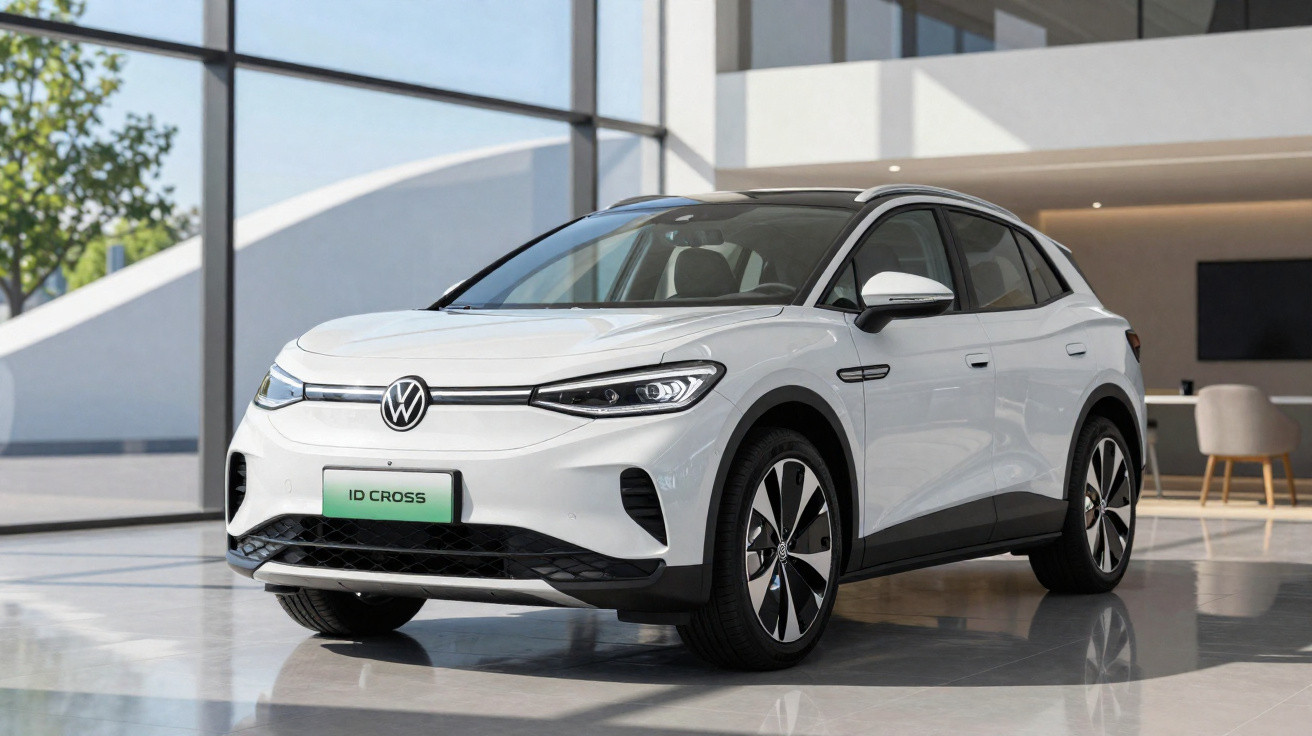 Weißer Volkswagen ID. Cross Elektro-SUV steht in modernem Showroom mit großen Fenstern.
