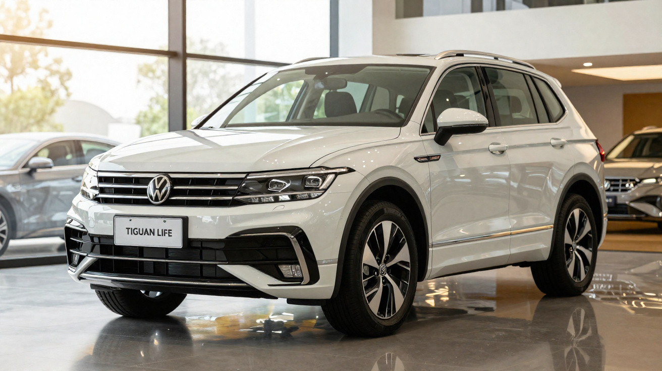 Weißer Volkswagen Tiguan Life SUV in einem modernen Autohaus, frontal seitlich gesehen.