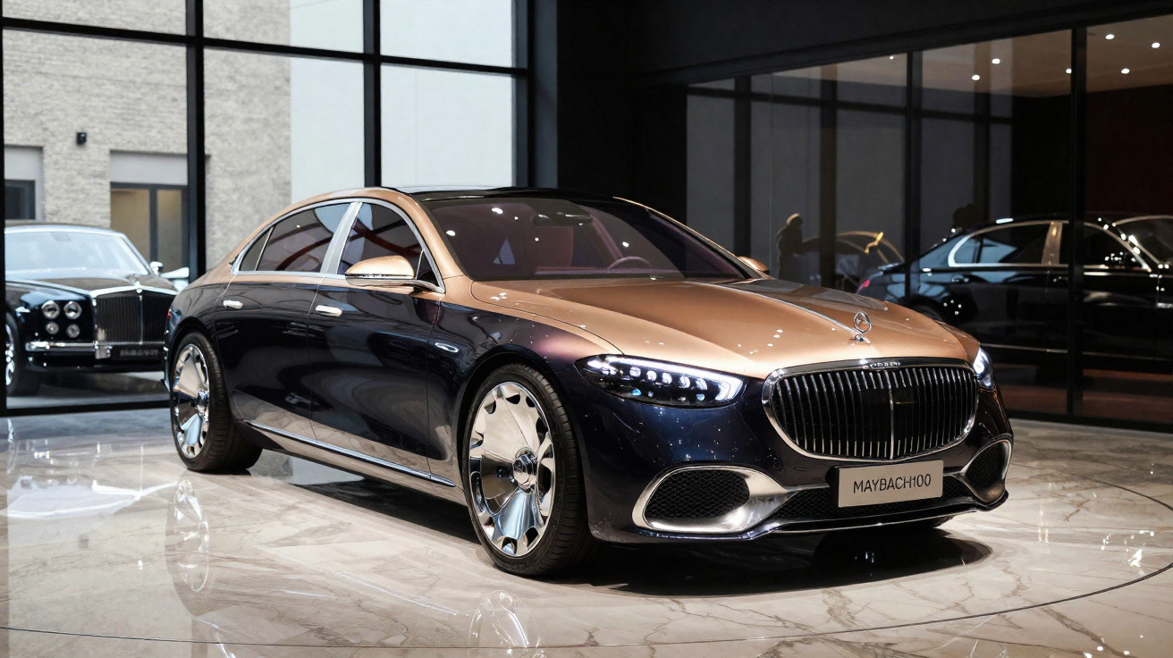 Luxuriöse schwarze und goldene Mercedes-Maybach-Limousine in modernem Ausstellungsraum auf Marmorboden.