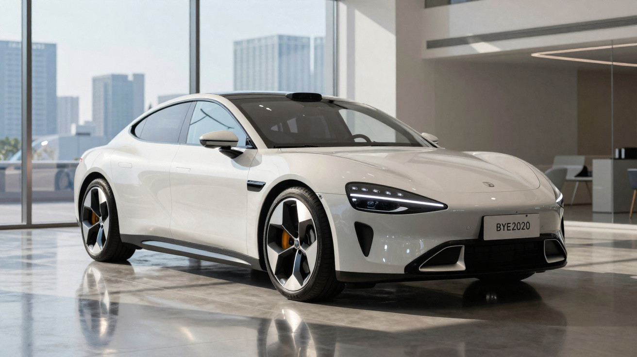 Weißes Elektroauto im Showroom mit großem Panoramafenster und Stadtgebäude im Hintergrund.