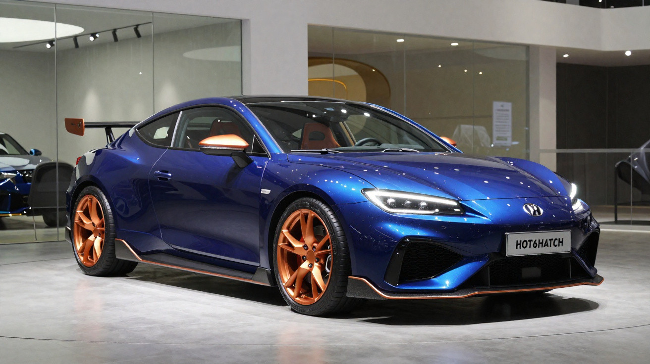 Blaues Hyundai Hot6Hatch Sportcoupé mit orangen Akzenten und Felgen, präsentiert in Ausstellungshalle.