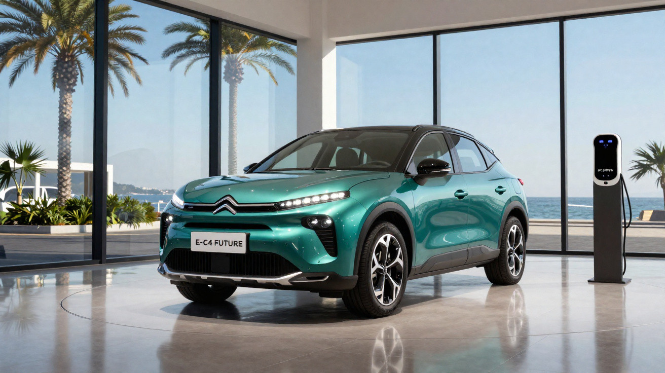 Grüner Citroën E-C4 Future Elektro-SUV in modernem Raum vor Panoramafenstern mit Meeresblick und Ladestation