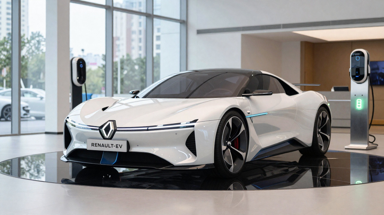 Weißer Renault Elektro Sportwagen in Showroom mit Ladestationen und großflächigen Fenstern im Hintergrund.