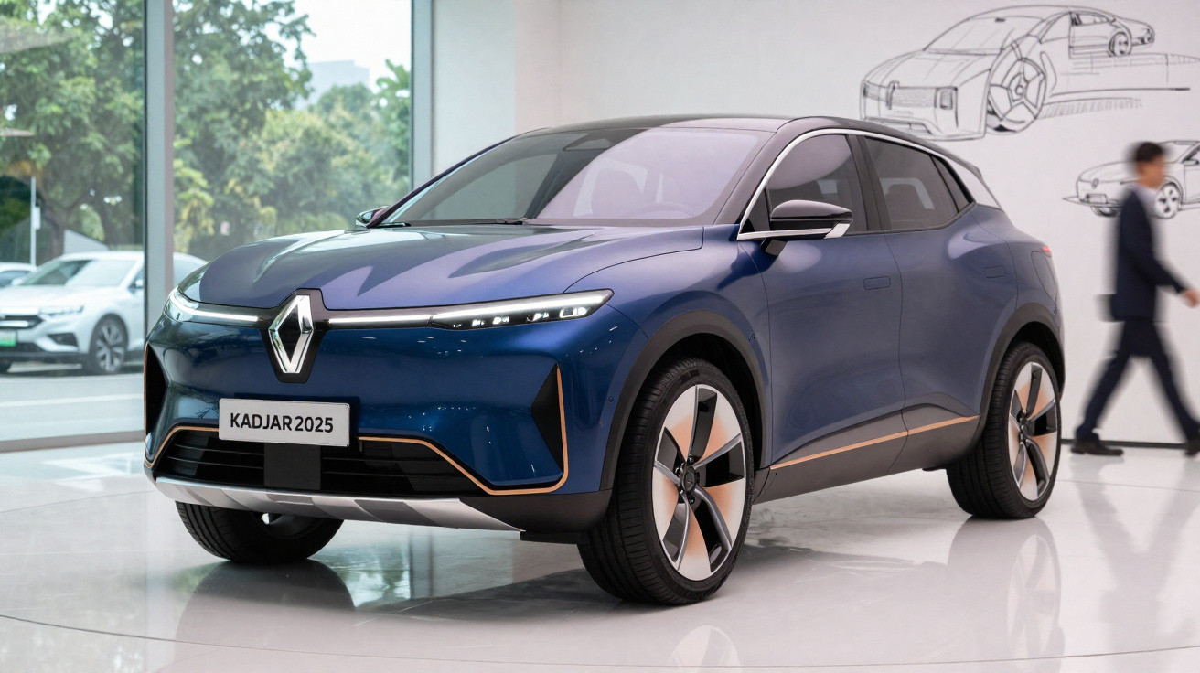 Blauer Renault Kadjar 2025 Elektro-SUV im Showroom mit Entwurfsskizzen und Person im Hintergrund.