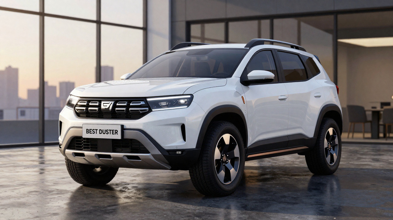 Weißer Dacia Best Duster SUV geparkt vor moderner Glasfassade in urbaner Umgebung.