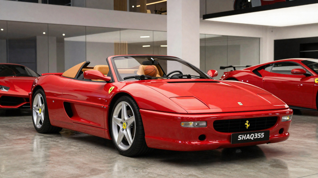 Roter Ferrari F355 Spider Sportwagen mit Cabrioverdeck in einer modernen Ausstellungshalle.