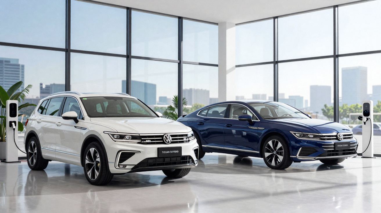 Weißer Volkswagen Tiguan und blauer VW Passat Limousine stehend in modernem Showroom mit E-Ladestationen.