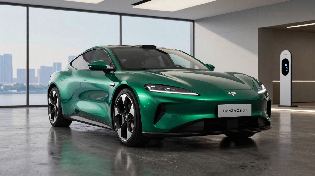 Grünes Elektroauto Denza Z9 GT in moderner Garage neben Ladestation mit Stadtblick im Hintergrund.