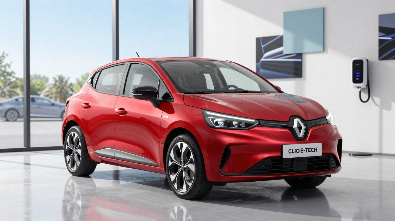 Roter Renault Clio E-Tech steht in moderner Garage neben Ladestation, helle Wände und große Fenster.
