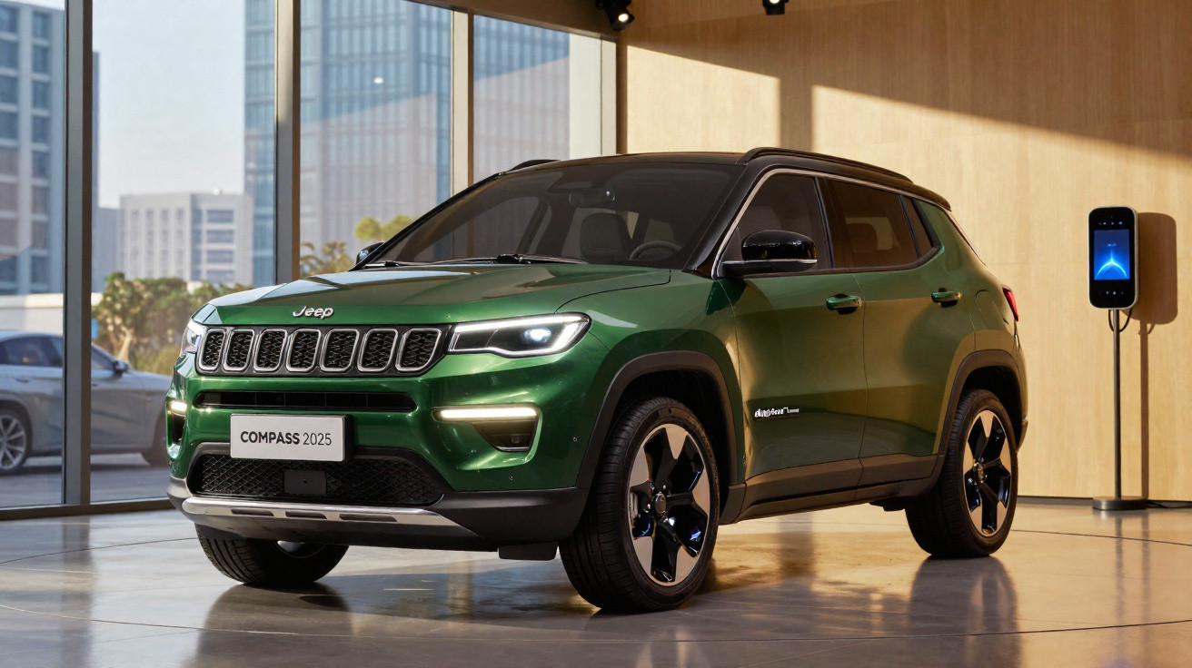 Grüner Jeep Compass 2025 SUV neben Ladestation in modernem Showroom mit großen Fenstern.