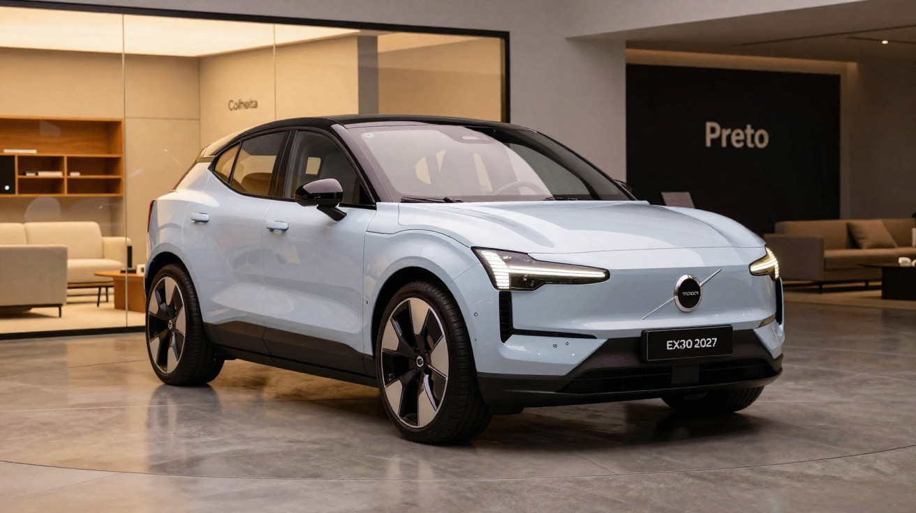 Blauer Volvo EX30 Elektro-SUV in moderner Ausstellungshalle mit klaren Linien und LED-Scheinwerfern.