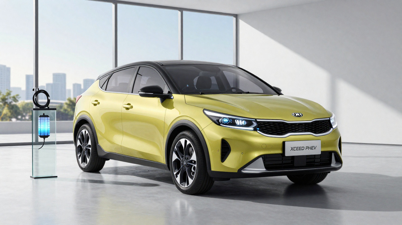 Gelber Kia XCeed PHEV Elektro-SUV in modernem, lichtdurchfluteten Showroom mit Ladegerät neben dem Fahrzeug.