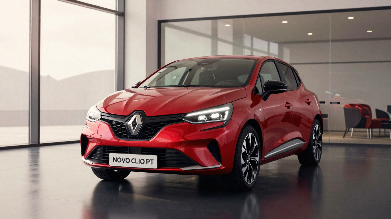 Roter Renault Novo Clio PT in modernem Showroom mit großen Fenstern und heller Beleuchtung.