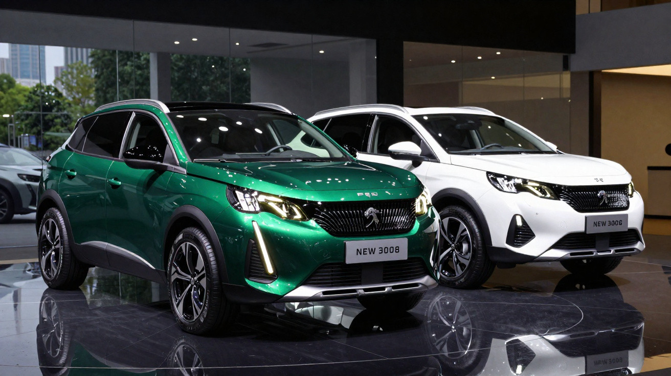 Zwei Peugeot SUVs, Modell 3008 und 3008, einer grün und einer weiß, in einer modernen Ausstellungshalle.