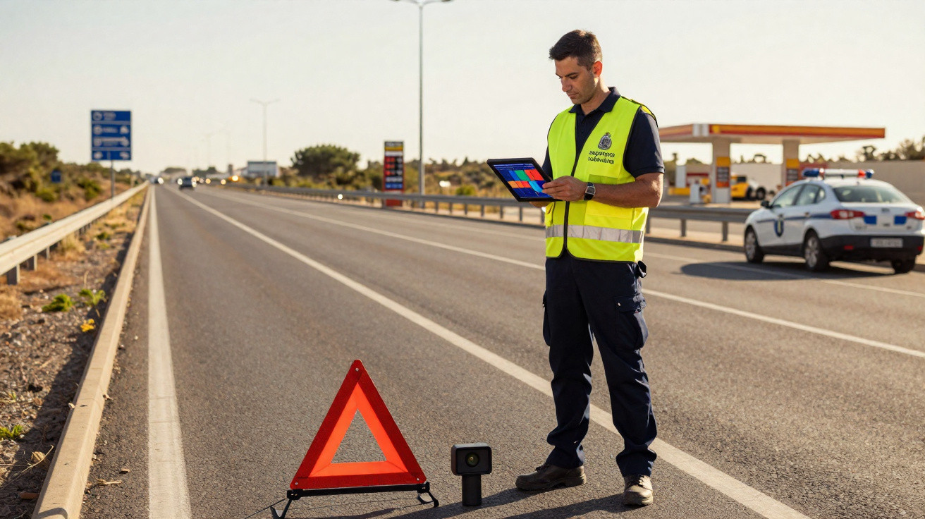 Polizist in Warnweste steht auf Autobahn neben Warndreieck und nutzt Tablet, Polizeiauto im Hintergrund.