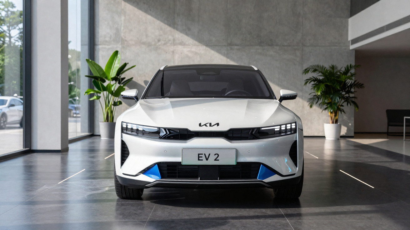 Weißes Elektroauto Kia EV2 steht in modernem Showroom mit großen Fenstern und Pflanzen.