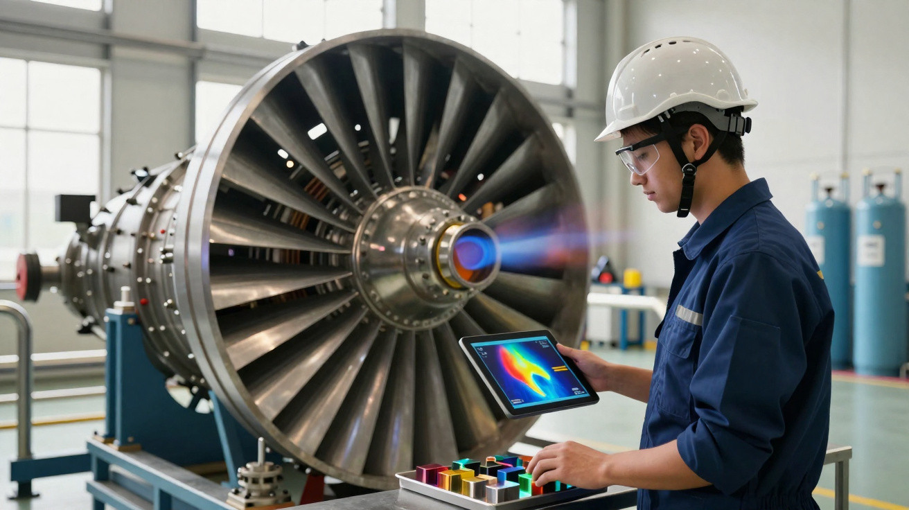 Ingenieur in Schutzkleidung analysiert Wärmemuster an Flugzeugturbinentriebwerk mit Tablet in Werkstatt.