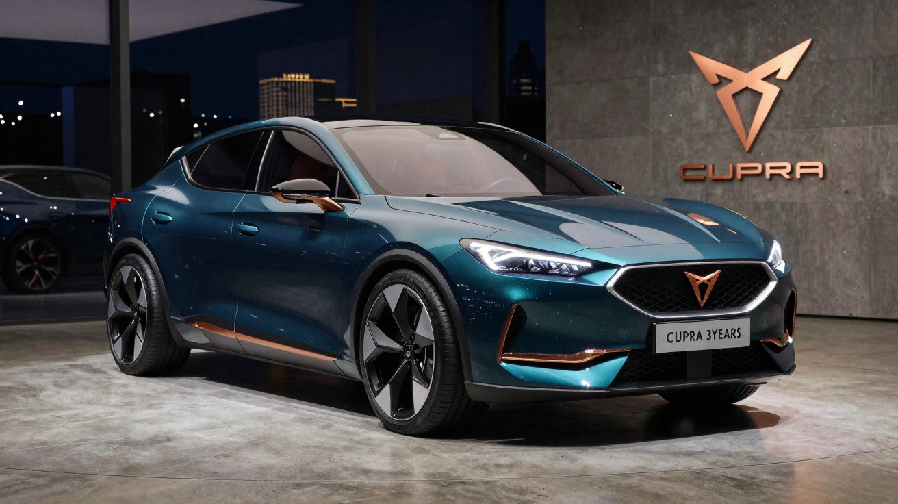 Blau-metallic Cupra Elektroauto vor grauer Wand mit beleuchtetem Cupra-Logo in moderner Ausstellungshalle