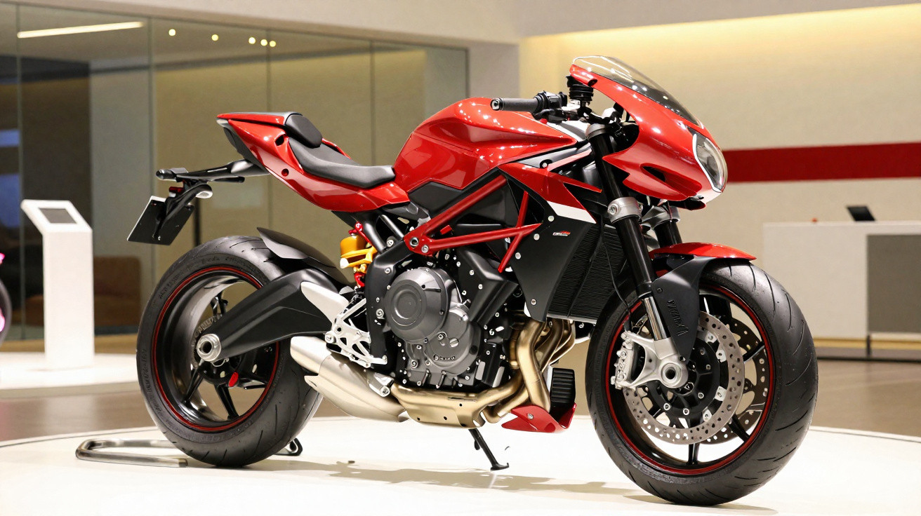 Rotes Sportmotorrad mit schwarzem Rahmen und silbernen Akzenten auf Ausstellung in hellem Raum.