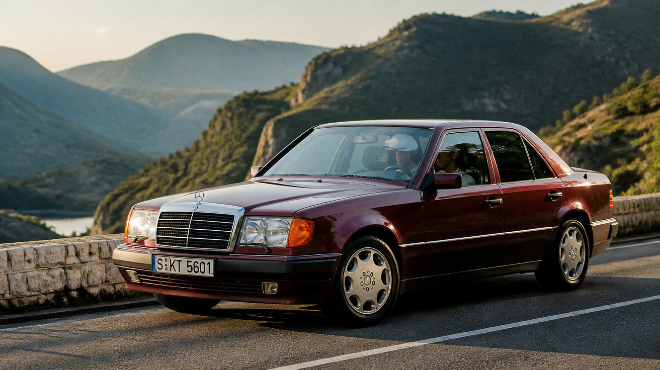 Roter Mercedes-Benz der 1990er Jahre auf Bergstraße mit Berglandschaft im Hintergrund bei Sonnenlicht.