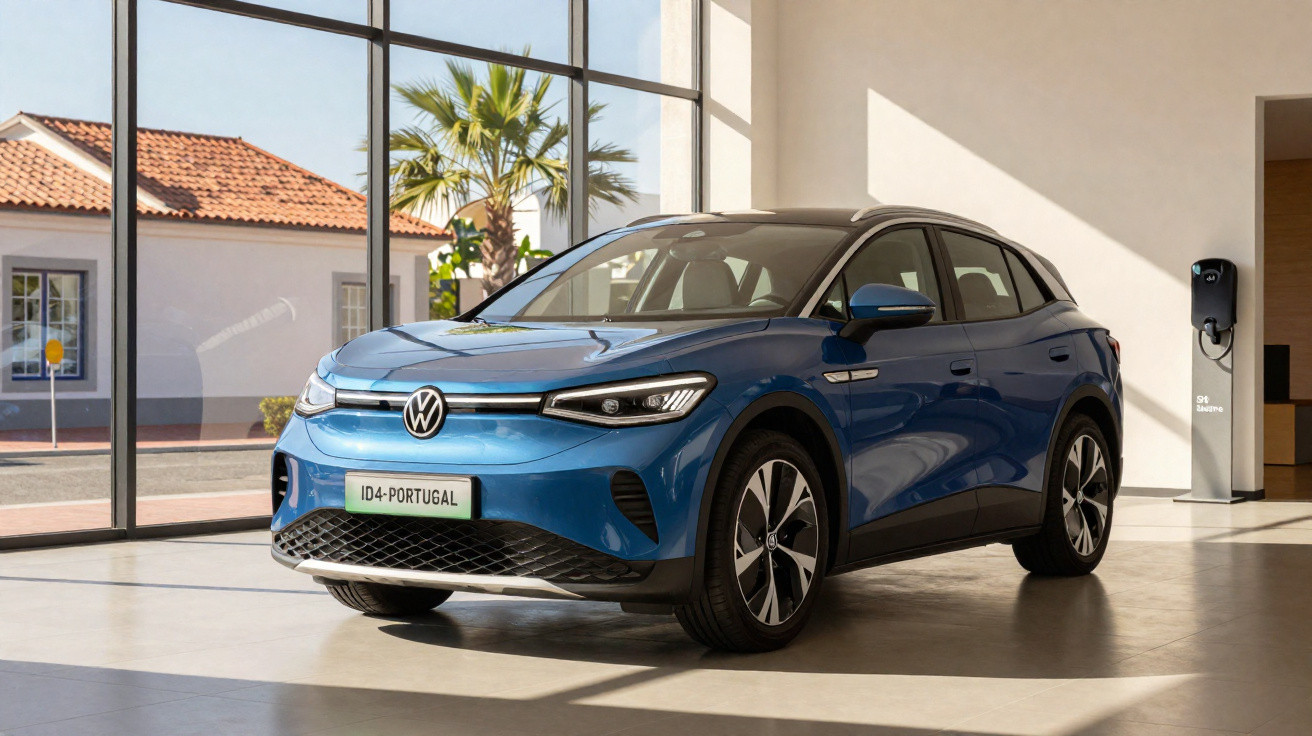 Blauer VW ID.4 Elektro-SUV in hellem Showroom neben Ladestation, große Fenster mit Außenblick