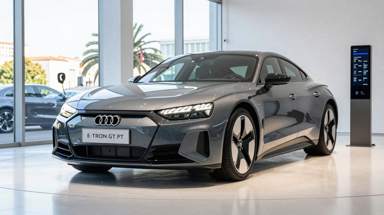 Graues Audi E-Tron GT Elektroauto steht in hellem Showroom neben digitalem Display.