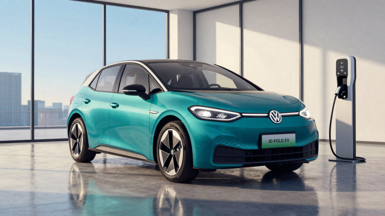 Türkisfarbener Volkswagen ID Polo Elektroauto in hellem Raum an Ladestation stehend.