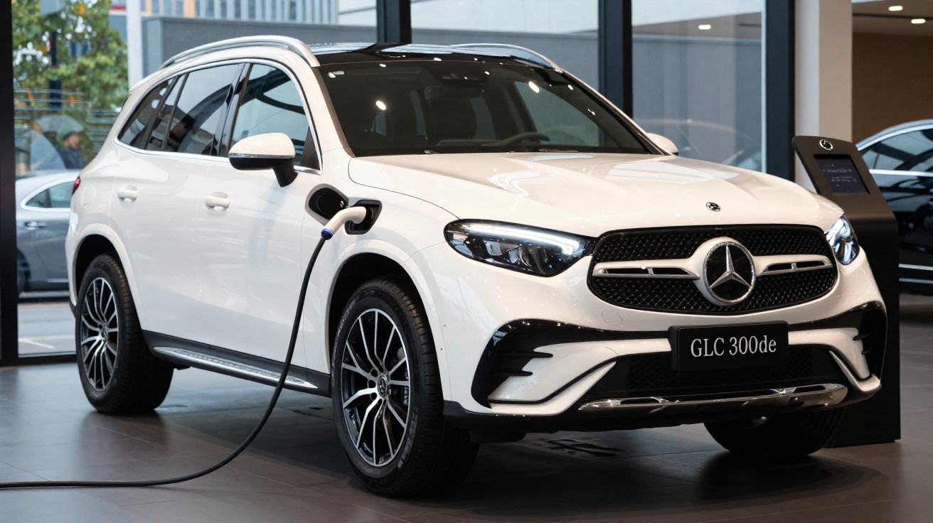 Weißer Mercedes GLC 300de Elektro-SUV wird in Autohaus an Ladestation aufgeladen.
